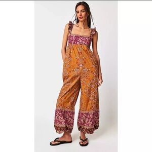 Free People Mustard and Burgundy Paisley Square-Neck Jumpsuit